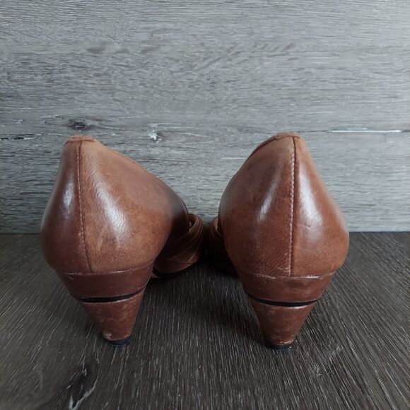 Vintage Frye Brown Leather Peep Toe Slip On Heels Shoes Size 7 - Picture 5 of 9